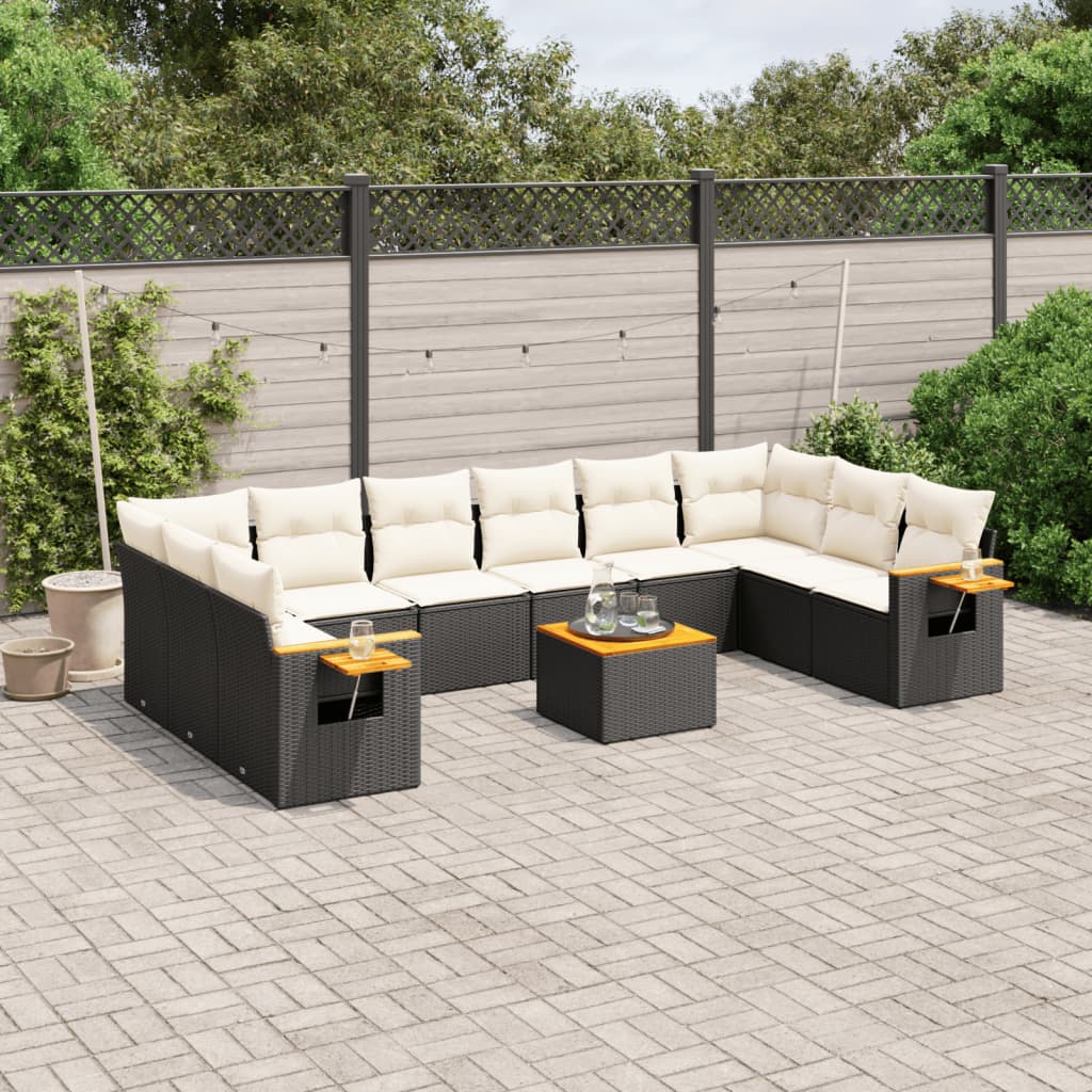 11 Piece Garden Sofa Set with Cushions Black Poly Rattan