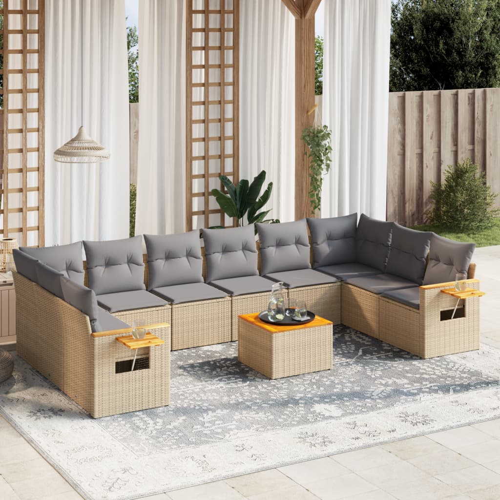 11 Piece Garden Sofa Set with Cushions Beige Poly Rattan