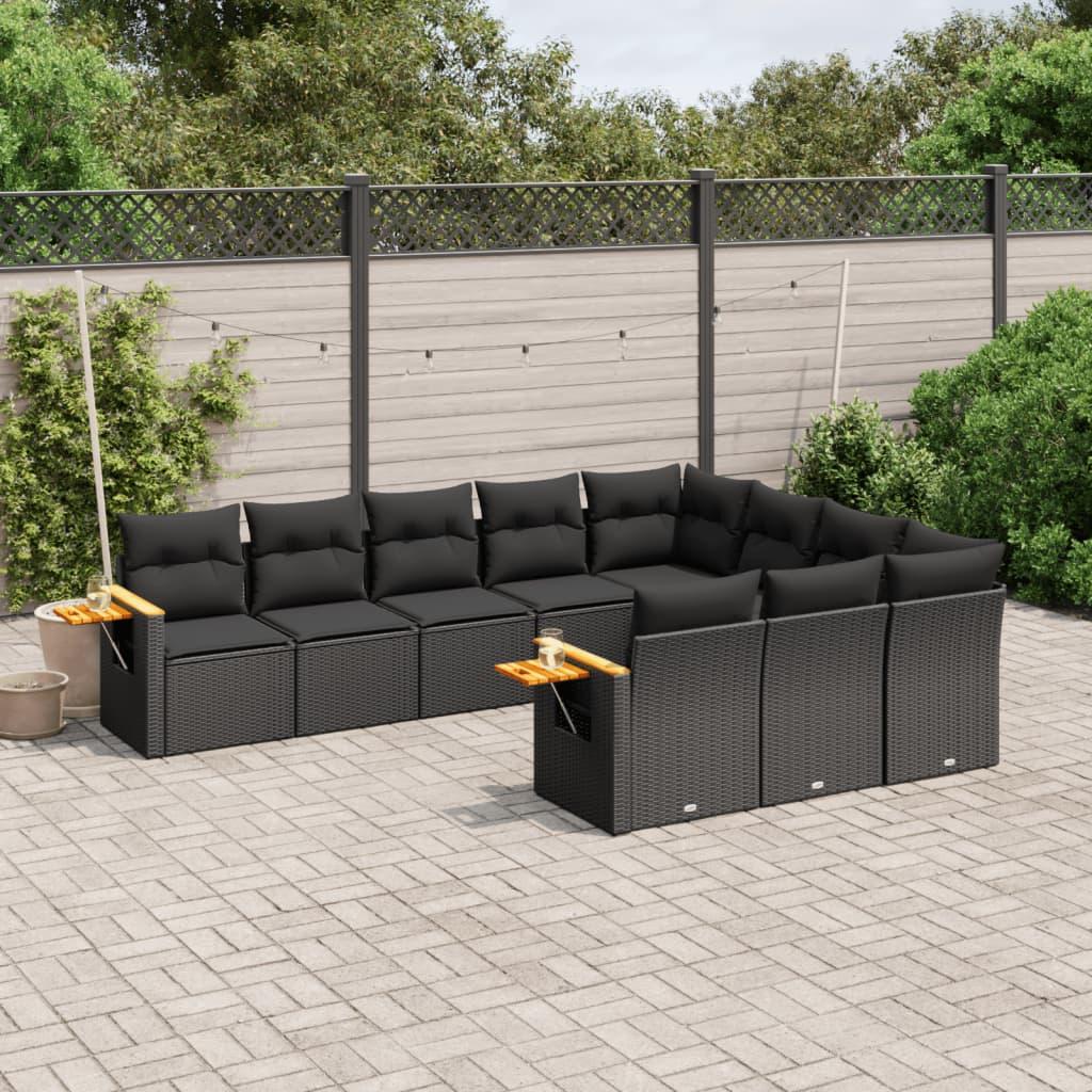 10 Piece Garden Sofa Set with Cushions Black Poly Rattan