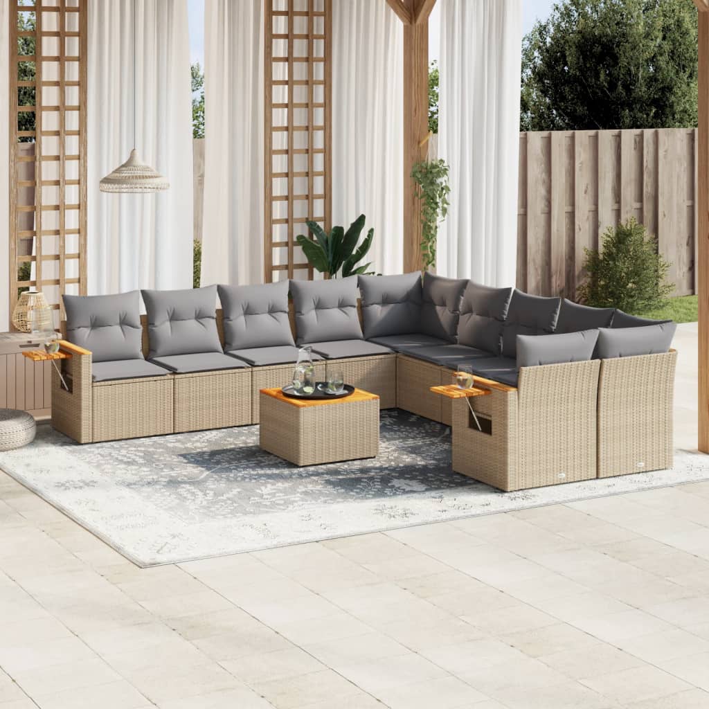 11 Piece Garden Sofa Set with Cushions Beige Poly Rattan