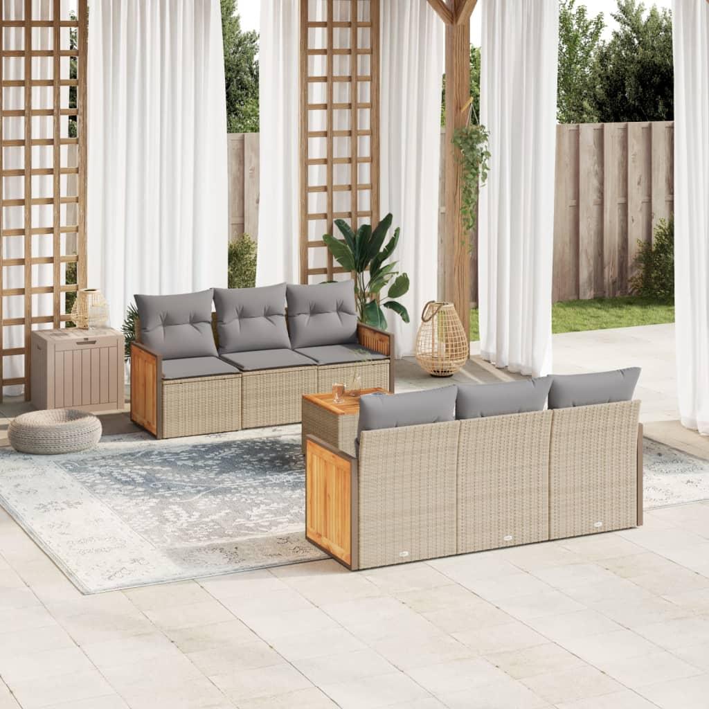 7 Piece Garden Sofa Set with Cushions Beige Poly Rattan