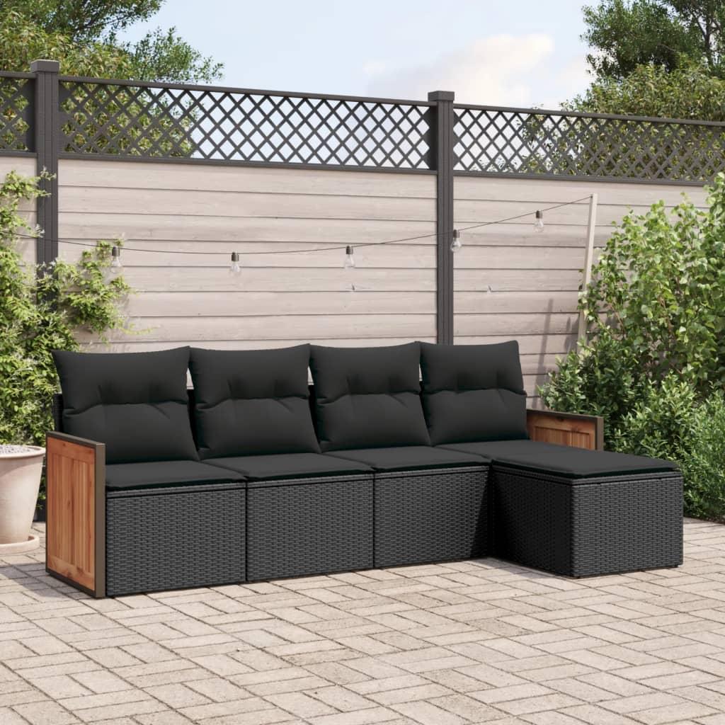 5 Piece Garden Sofa Set with Cushions Black Poly Rattan