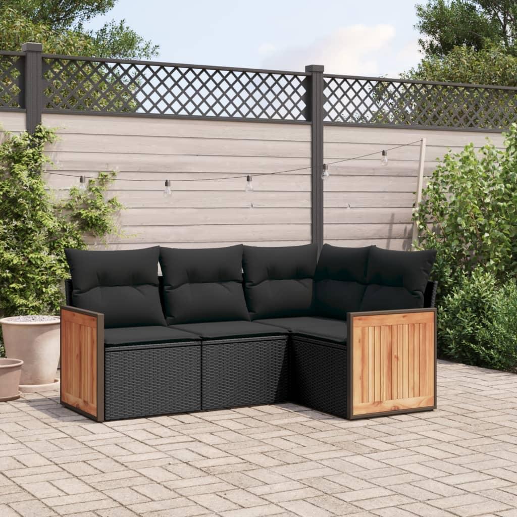 4 Piece Garden Sofa Set with Cushions Black Poly Rattan