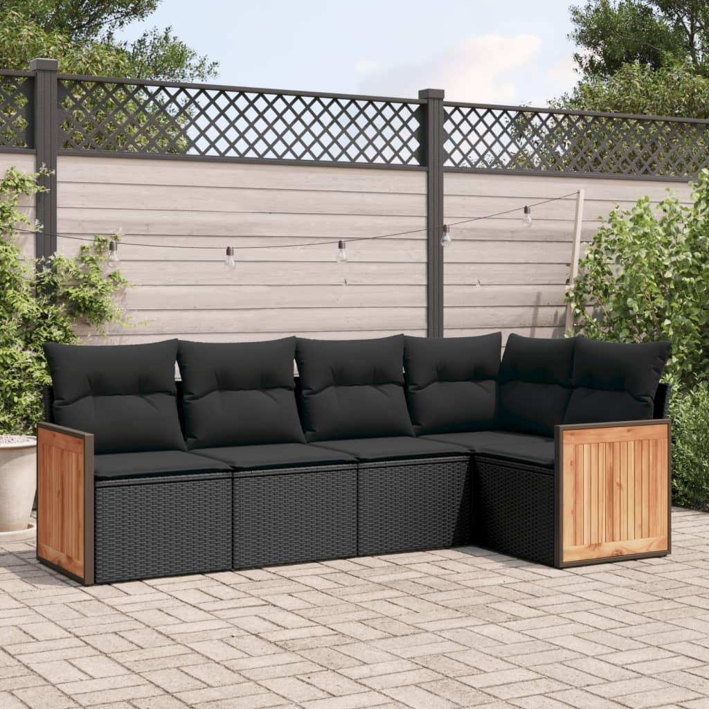 5 Piece Garden Sofa Set with Cushions Black Poly Rattan