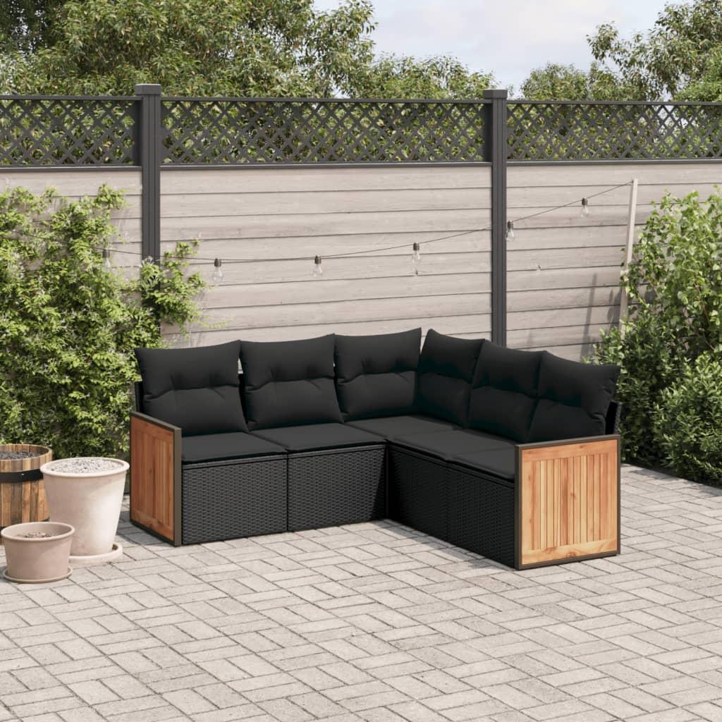 5 Piece Garden Sofa Set with Cushions Black Poly Rattan