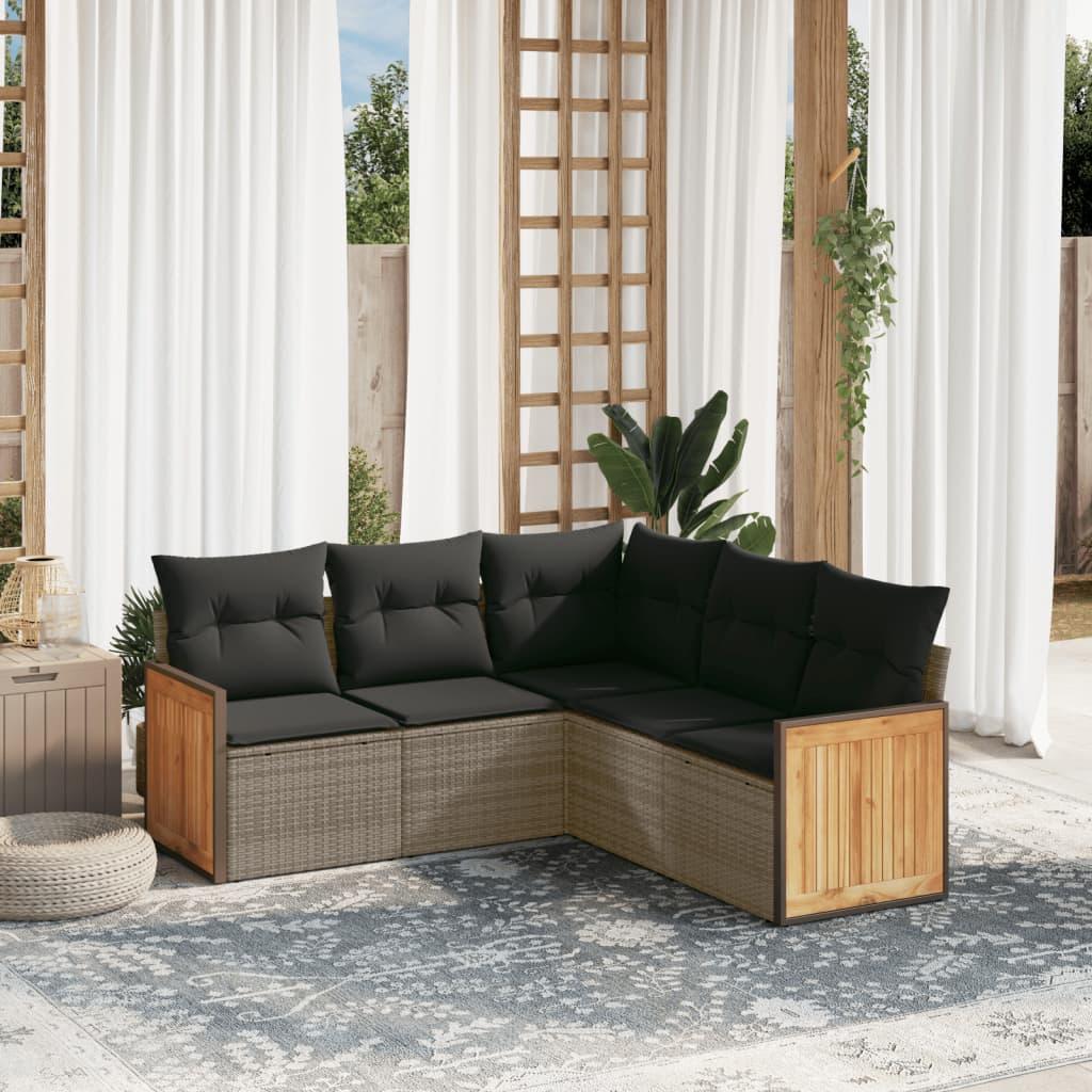 5 Piece Garden Sofa Set with Cushions Grey Poly Rattan