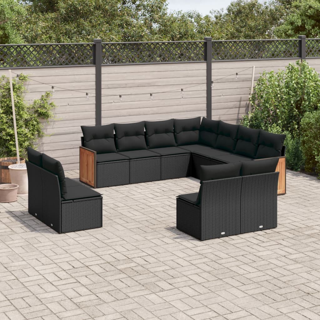 11 Piece Garden Sofa Set with Cushions Black Poly Rattan