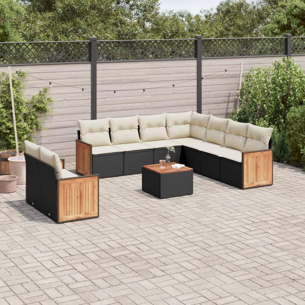 10 Piece Garden Sofa Set with Cushions Black Poly Rattan