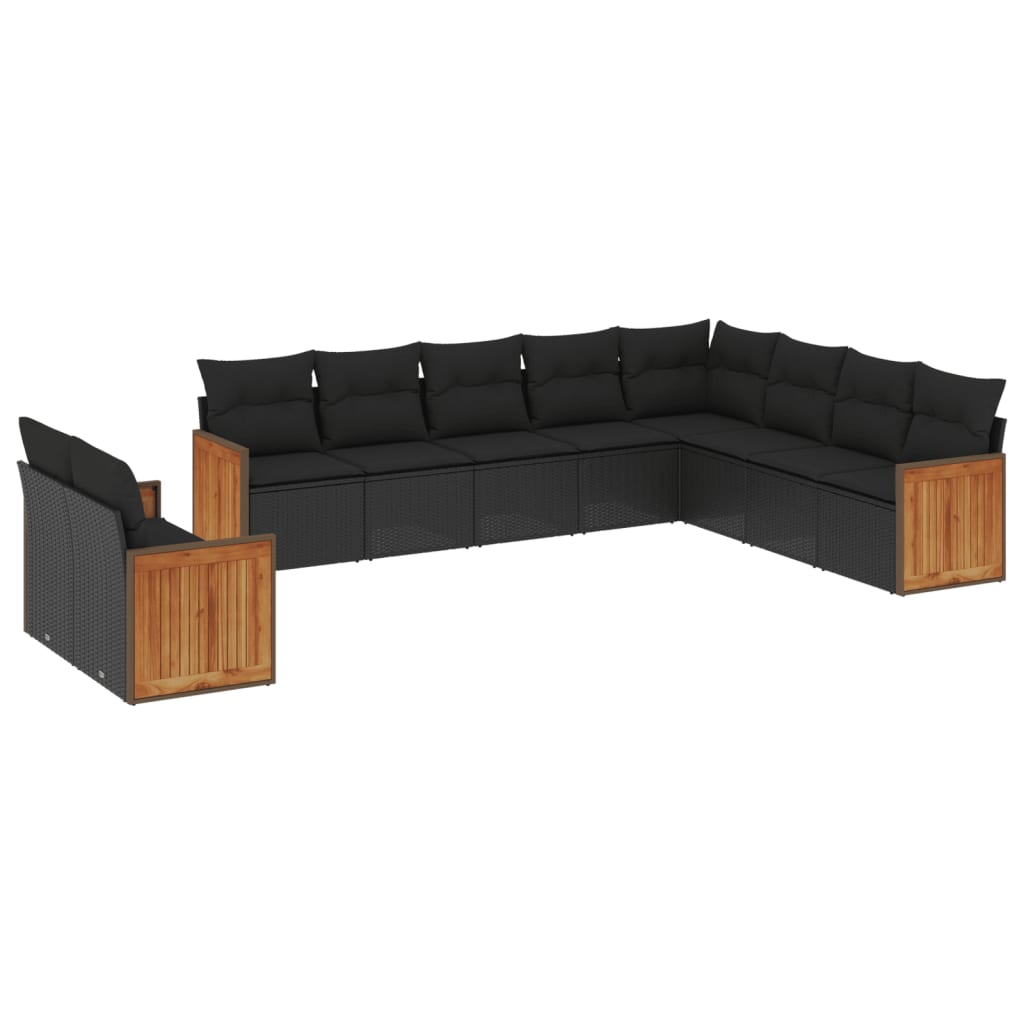 10 Piece Garden Sofa Set with Cushions Black Poly Rattan