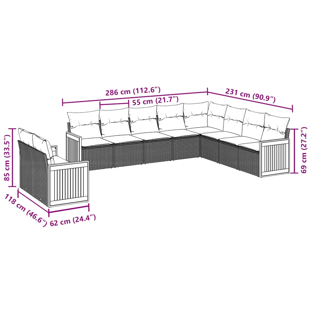 10 Piece Garden Sofa Set with Cushions Black Poly Rattan