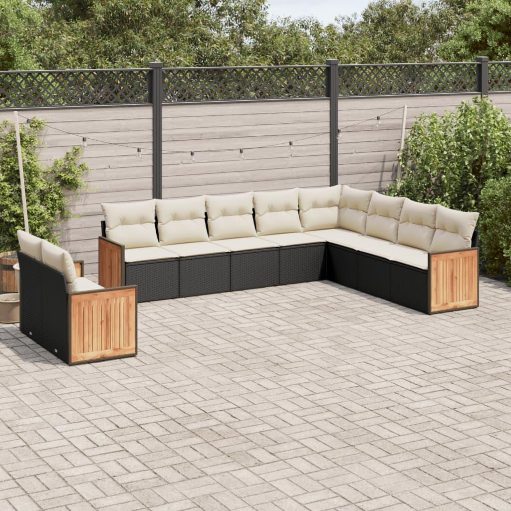 10 Piece Garden Sofa Set with Cushions Black Poly Rattan