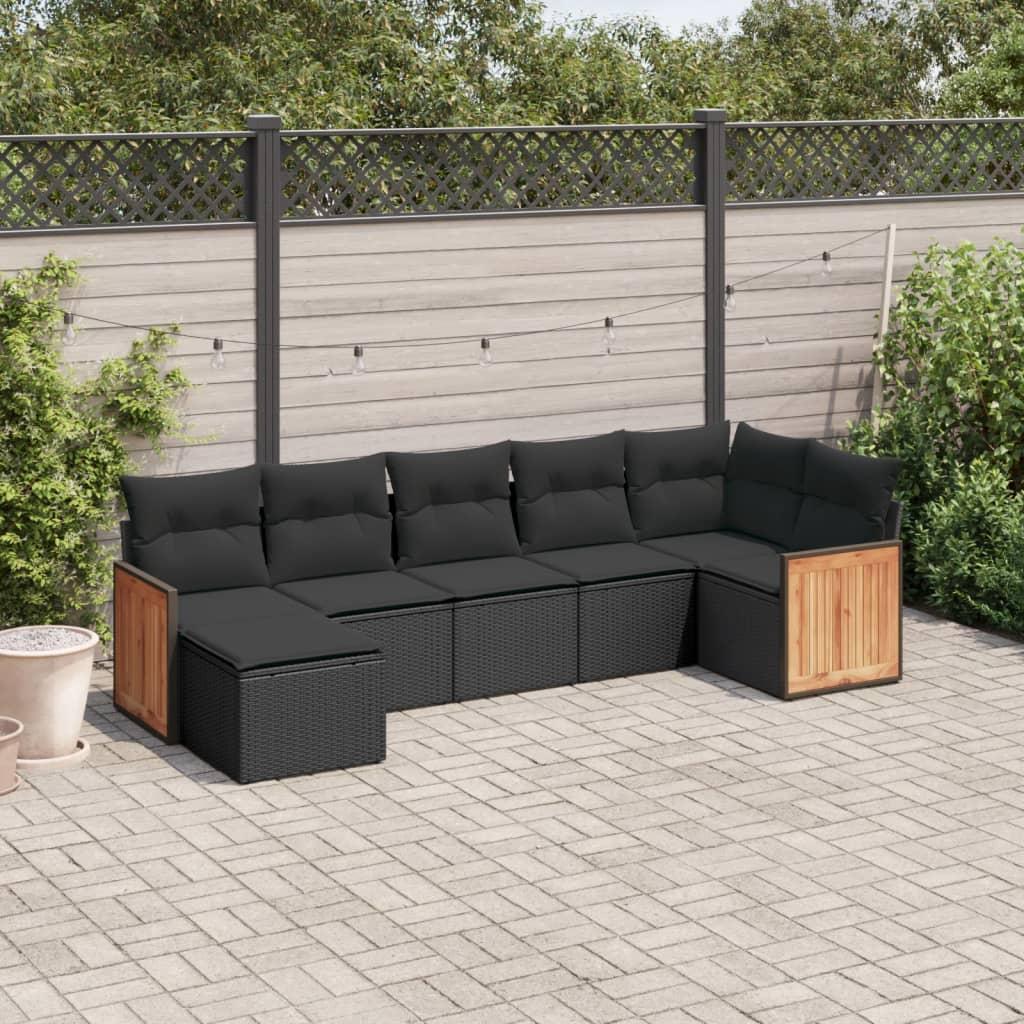 7 Piece Garden Sofa Set with Cushions Black Poly Rattan