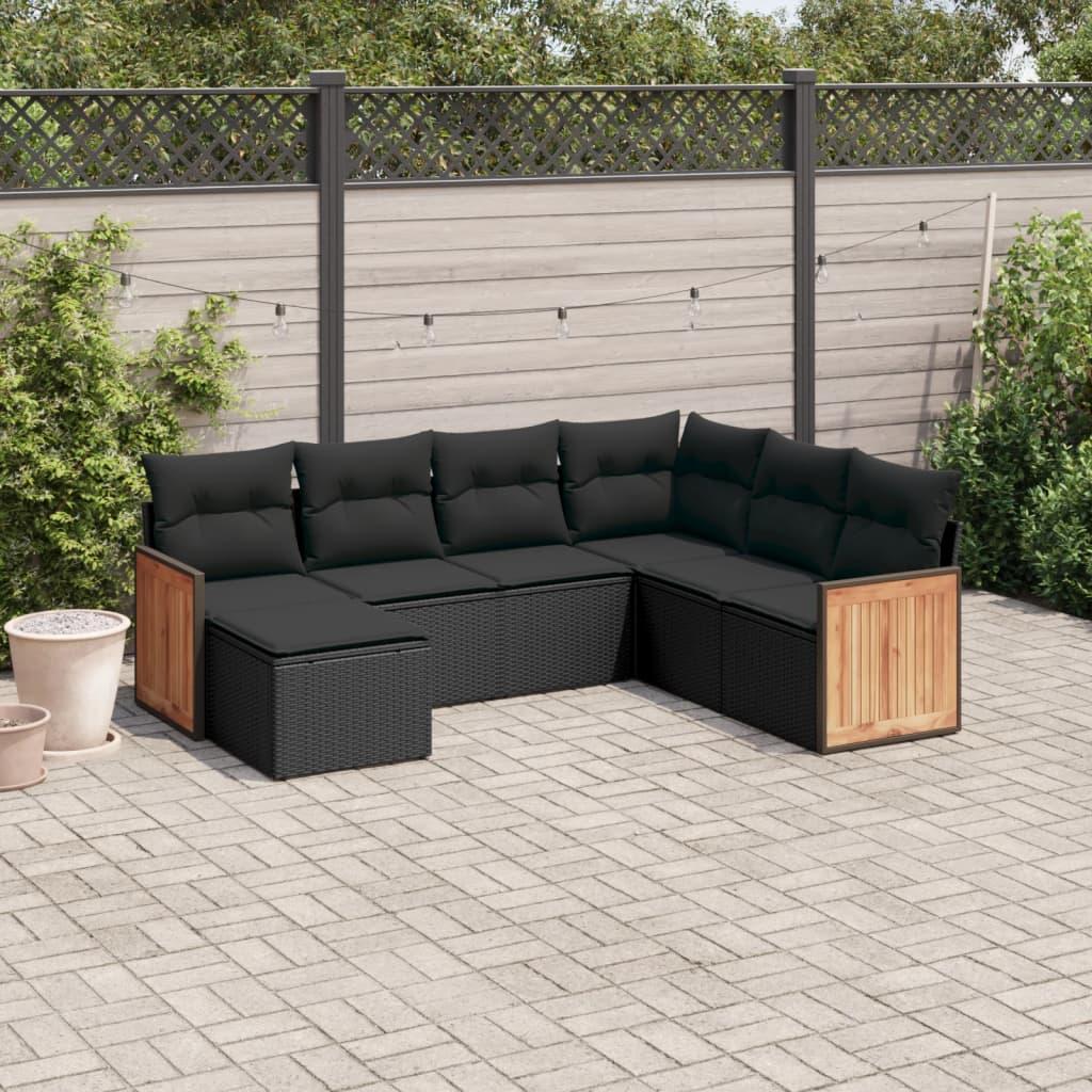 7 Piece Garden Sofa Set with Cushions Black Poly Rattan