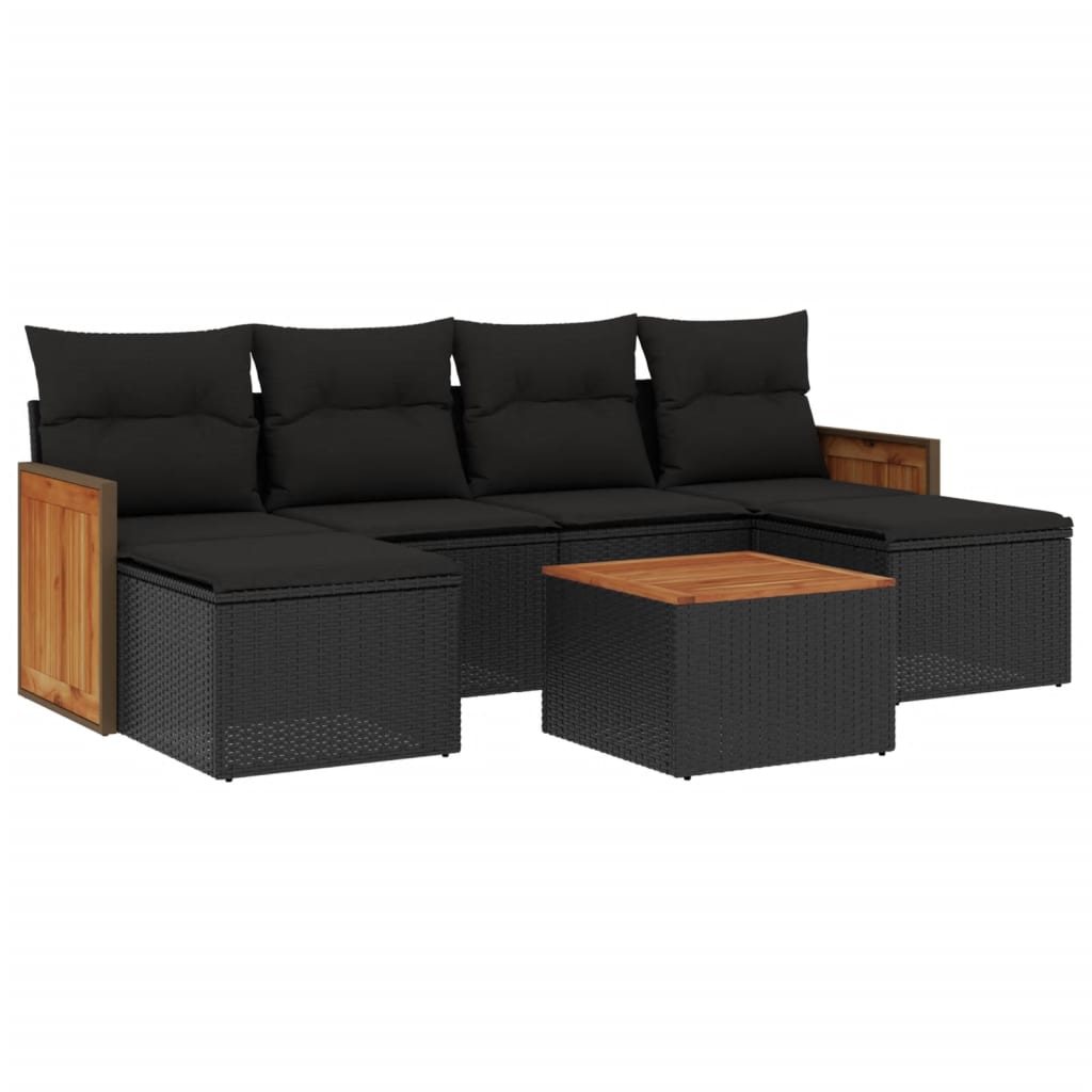 7 Piece Garden Sofa Set with Cushions Black Poly Rattan