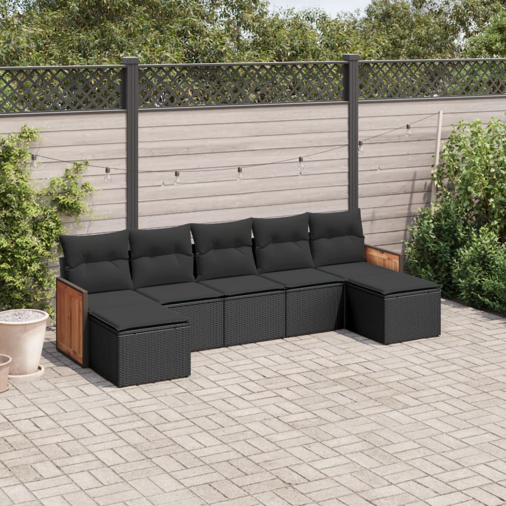 7 Piece Garden Sofa Set with Cushions Black Poly Rattan