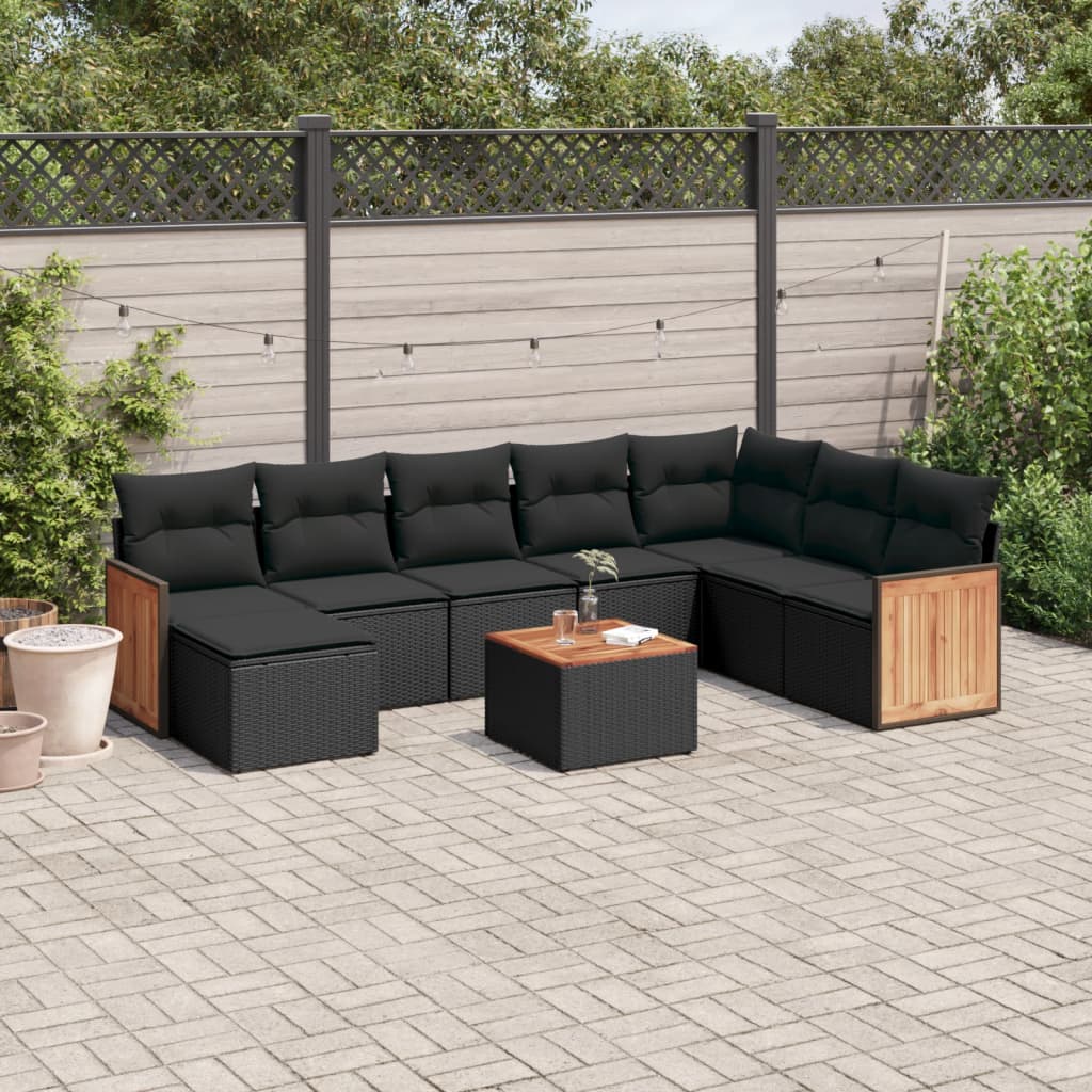 9 Piece Garden Sofa Set with Cushions Black Poly Rattan