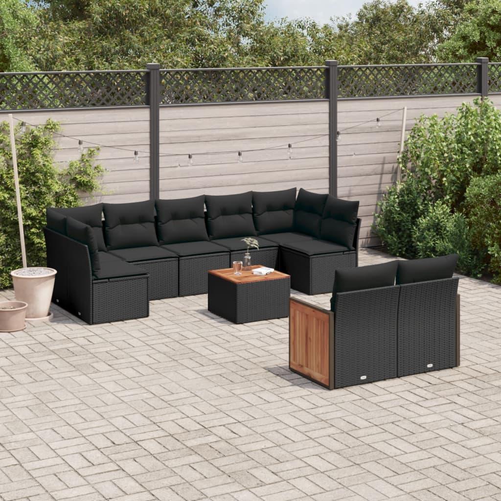 10 Piece Garden Sofa Set with Cushions Black Poly Rattan