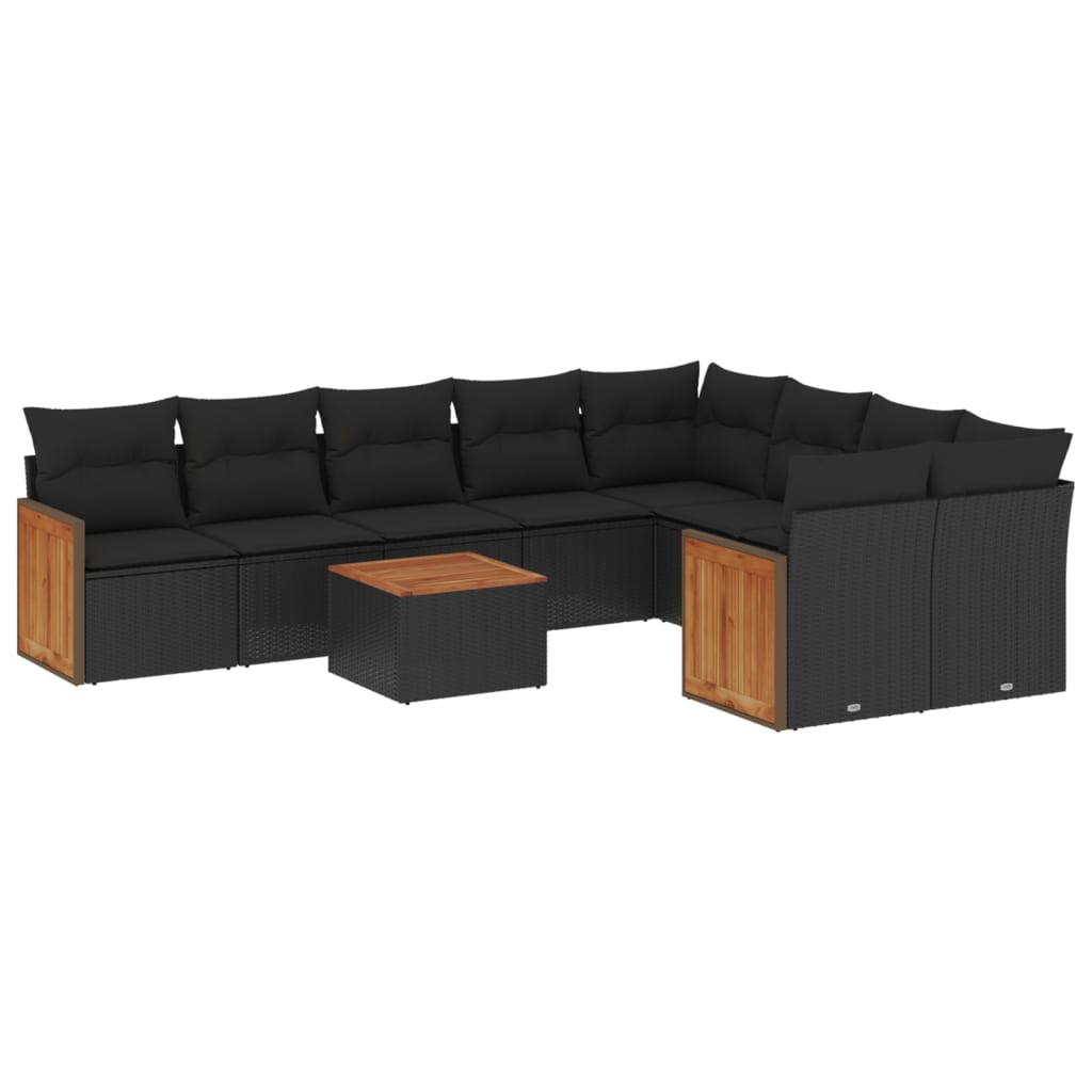 10 Piece Garden Sofa Set with Cushions Black Poly Rattan