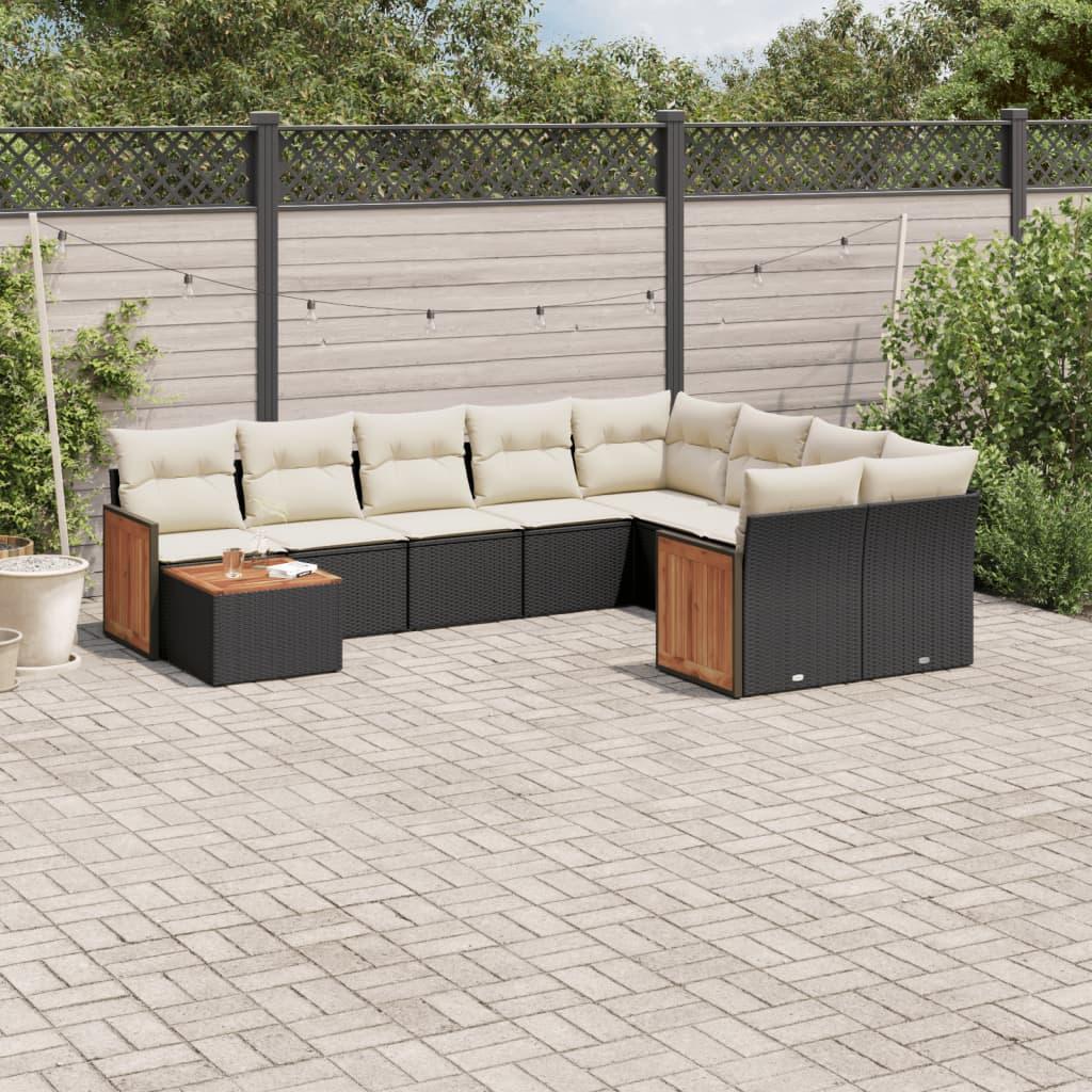 10 Piece Garden Sofa Set with Cushions Black Poly Rattan