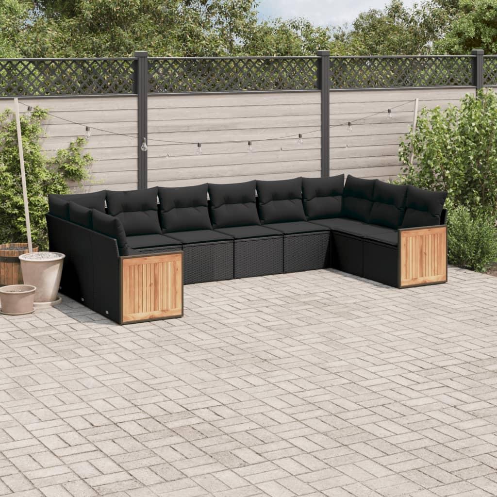 10 Piece Garden Sofa Set with Cushions Black Poly Rattan