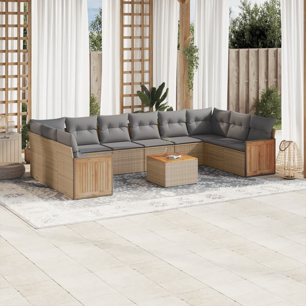 11 Piece Garden Sofa Set with Cushions Beige Poly Rattan