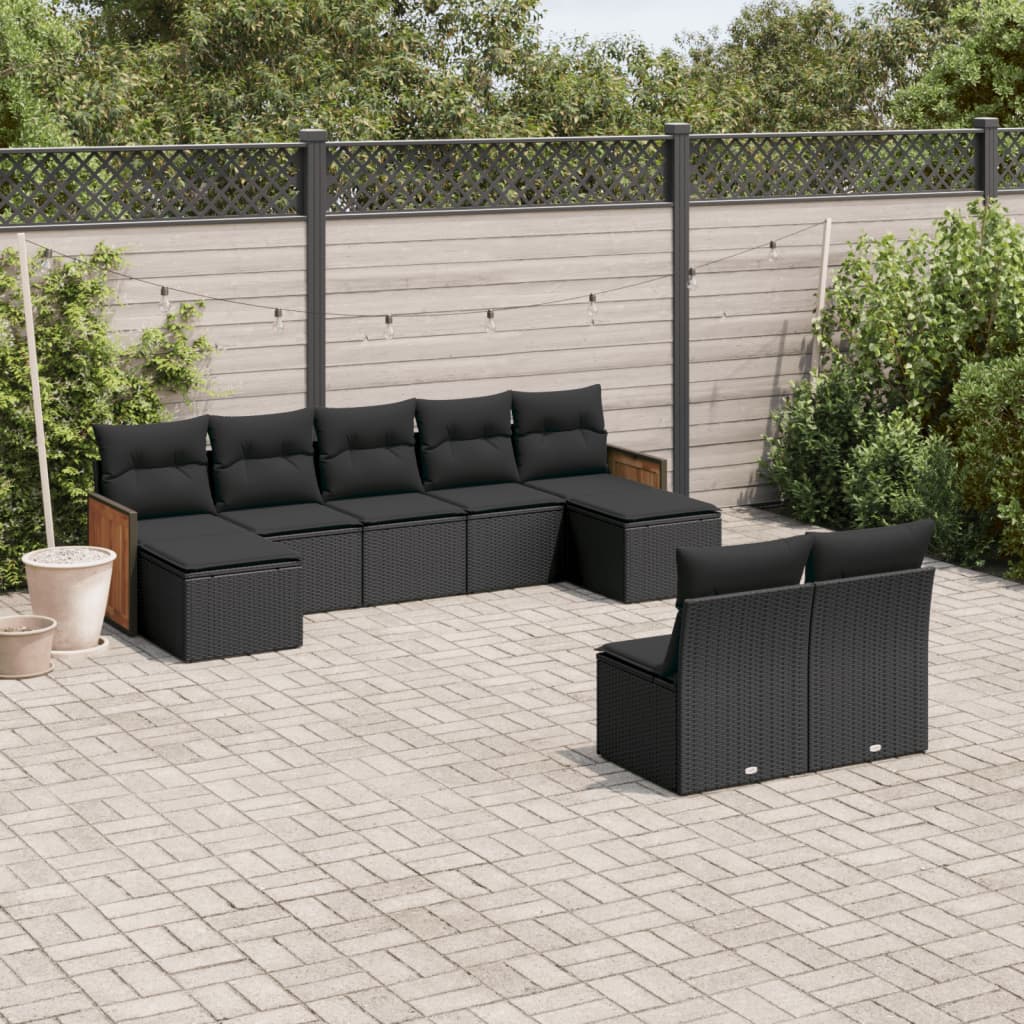 9 Piece Garden Sofa Set with Cushions Black Poly Rattan