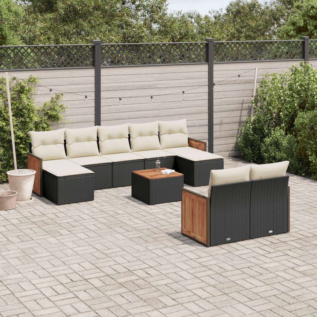 10 Piece Garden Sofa Set with Cushions Black Poly Rattan