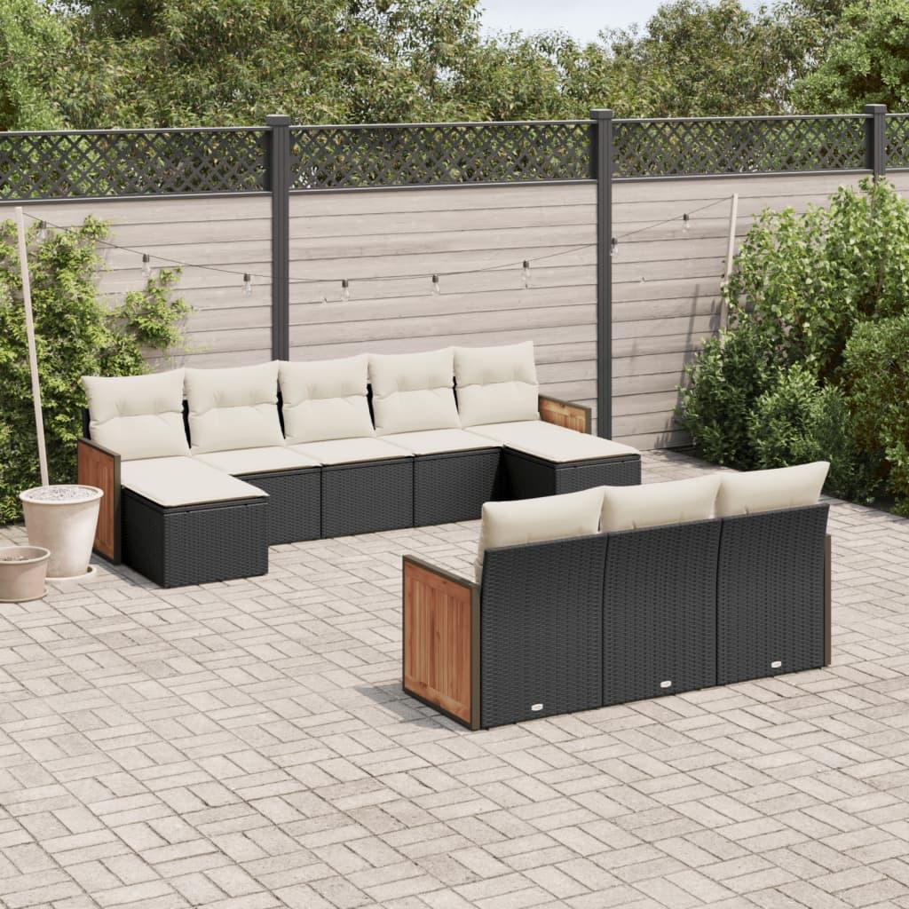 10 Piece Garden Sofa Set with Cushions Black Poly Rattan