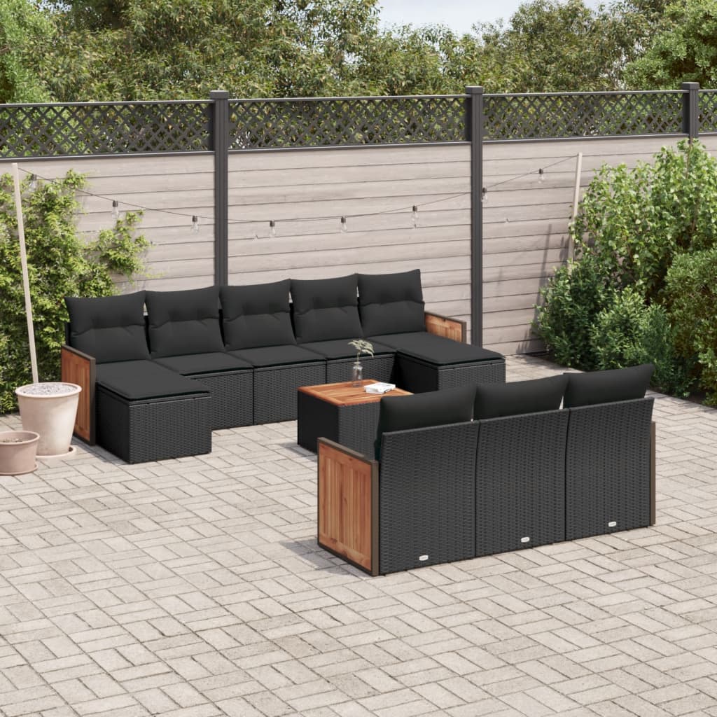 11 Piece Garden Sofa Set with Cushions Black Poly Rattan