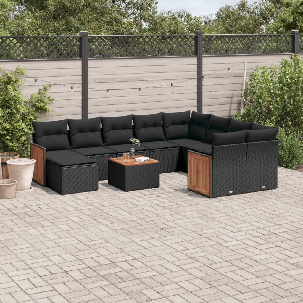 11 Piece Garden Sofa Set with Cushions Black Poly Rattan