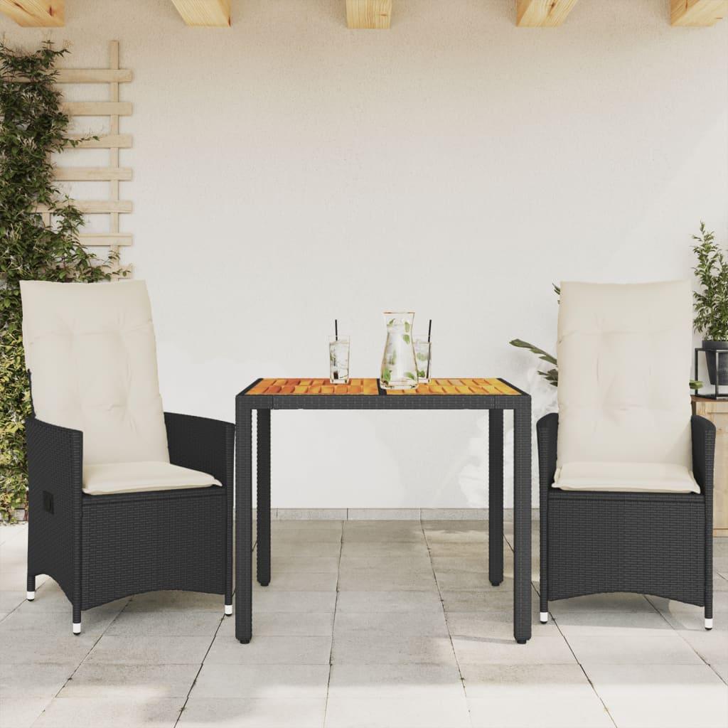3 Piece Bistro Set with Cushions Black Poly Rattan and Acacia