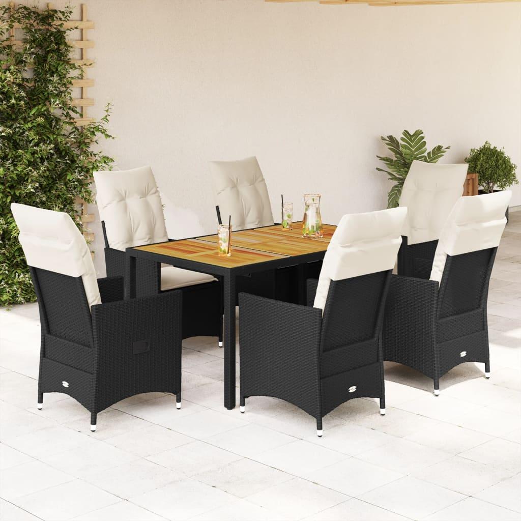 7 Piece Garden Dining Set with Cushions Black Poly Rattan