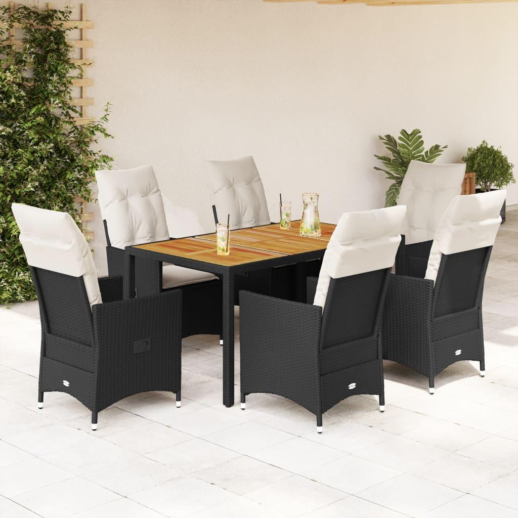 7 Piece Garden Dining Set with Cushions Black Poly Rattan