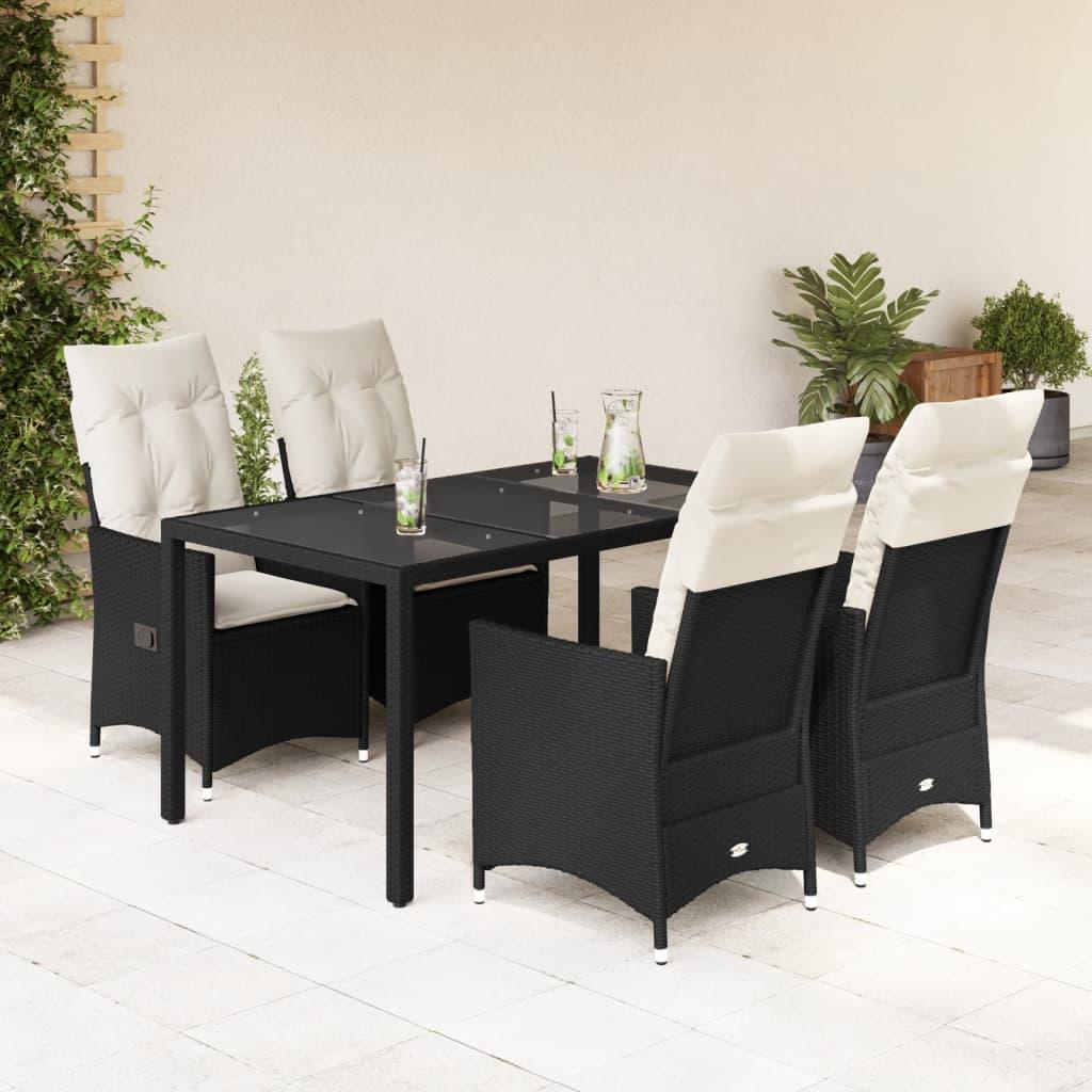 5 Piece Garden Dining Set with Cushions Black Poly Rattan