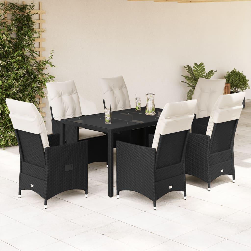 7 Piece Garden Dining Set with Cushions Black Poly Rattan