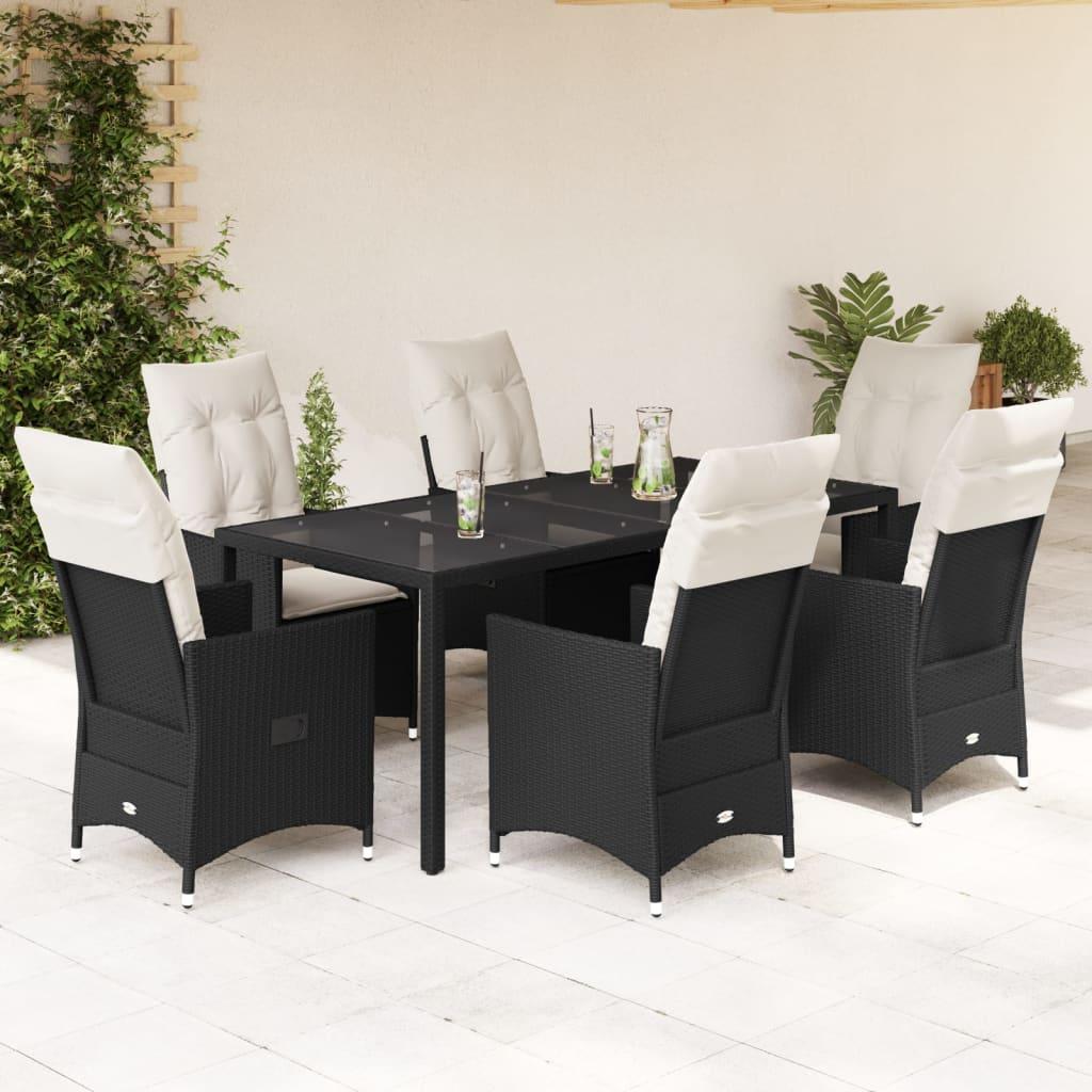 7 Piece Garden Dining Set with Cushions Black Poly Rattan