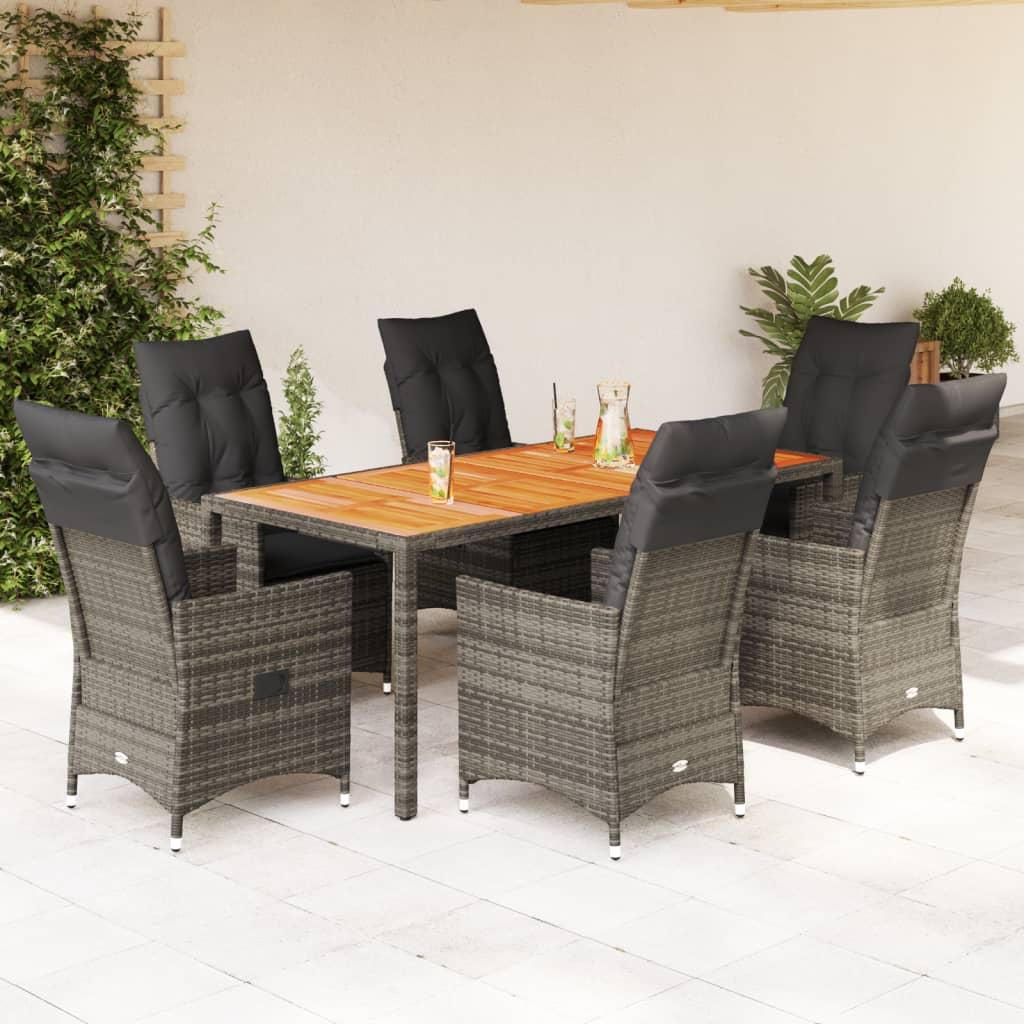 7 Piece Garden Dining Set with Cushions Grey Poly Rattan