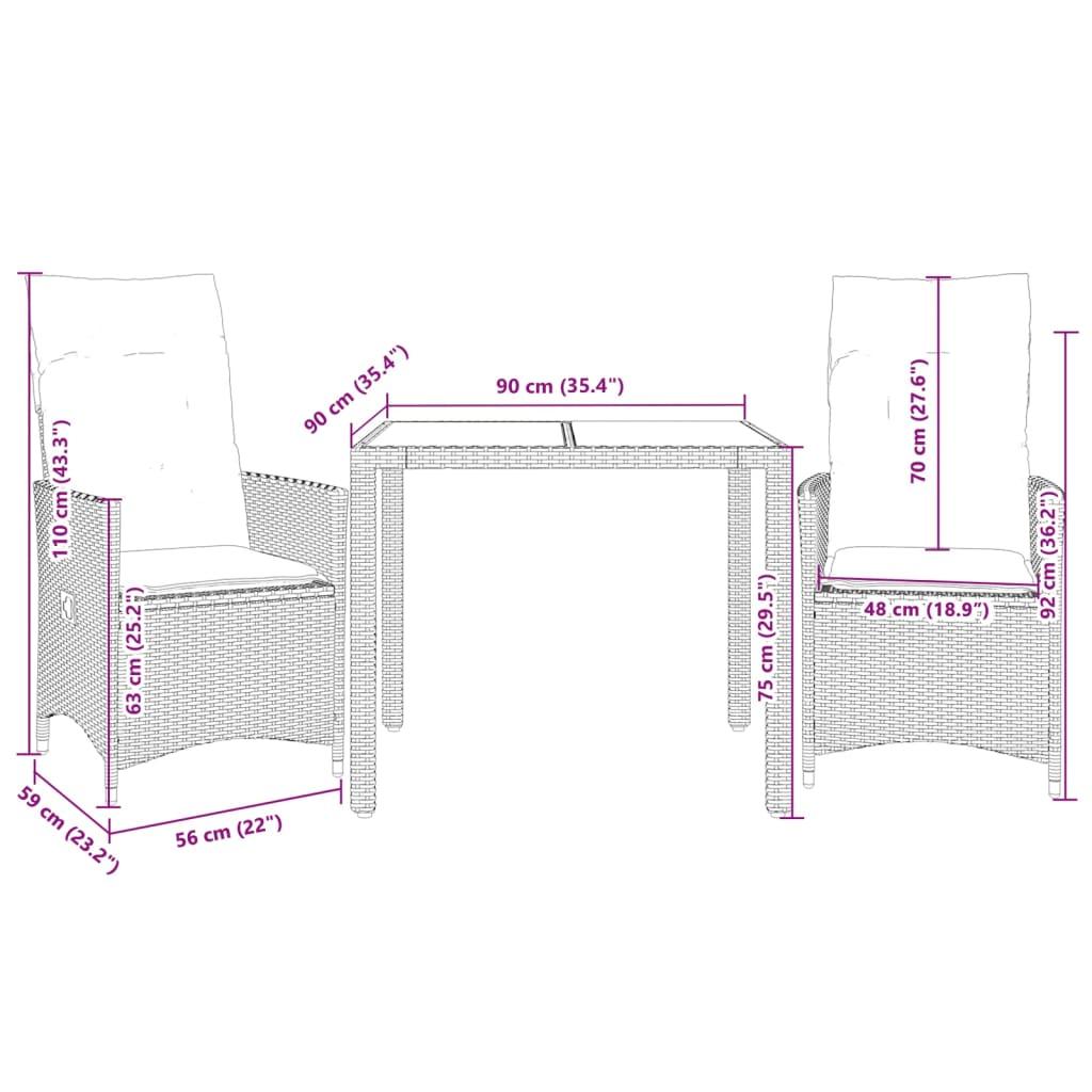 3 Piece Bistro Set with Cushions Grey Poly Rattan