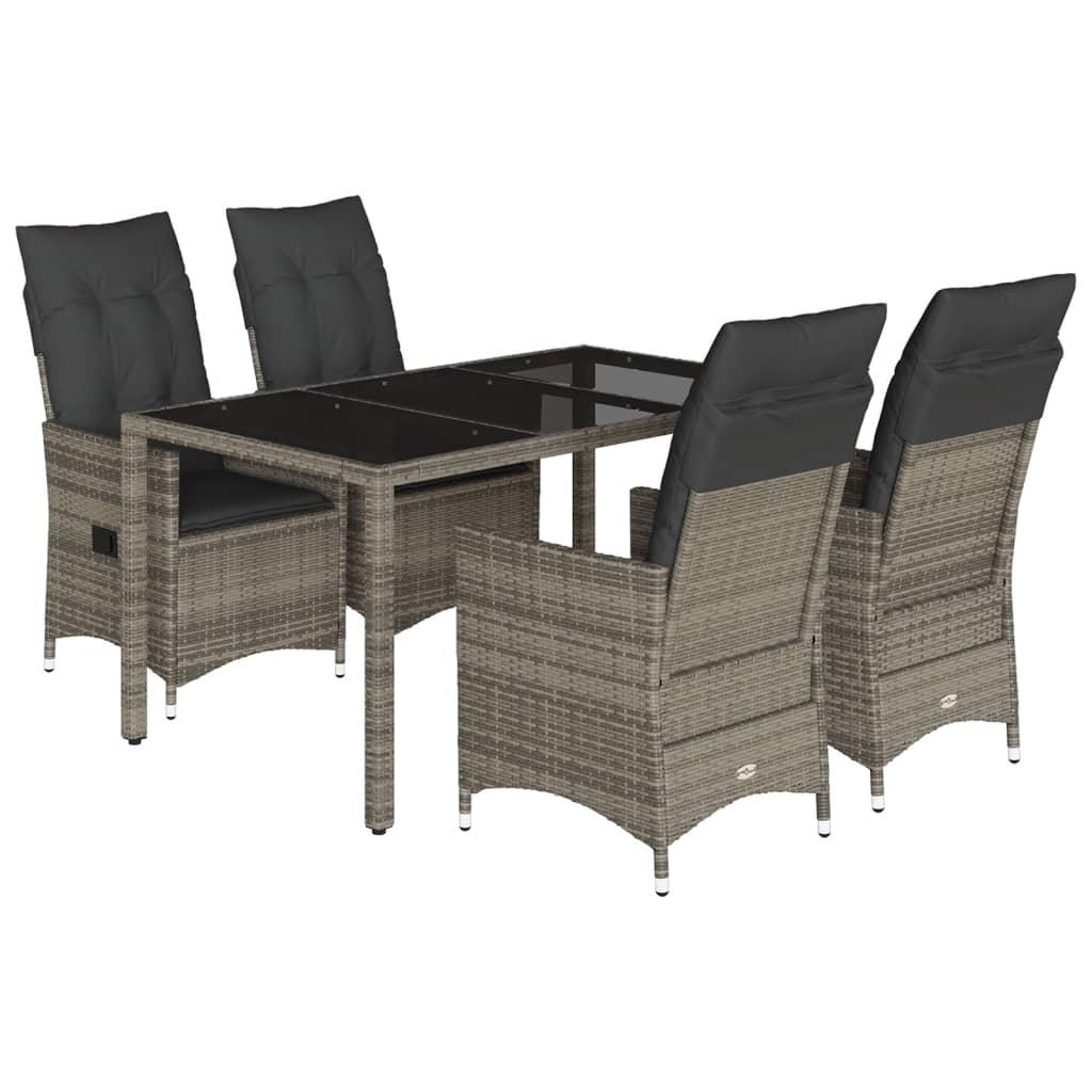 5 Piece Garden Dining Set with Cushions Grey Poly Rattan