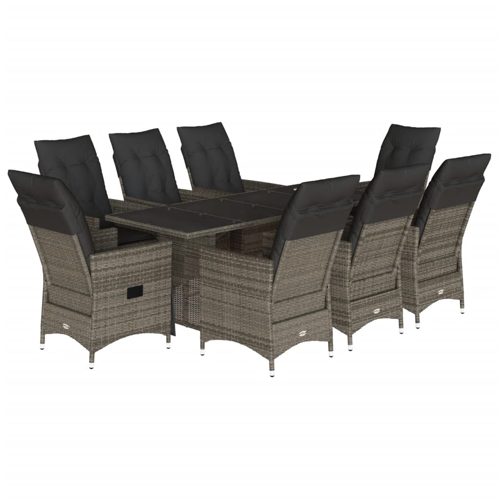 9 Piece Garden Dining Set with Cushions Grey Poly Rattan