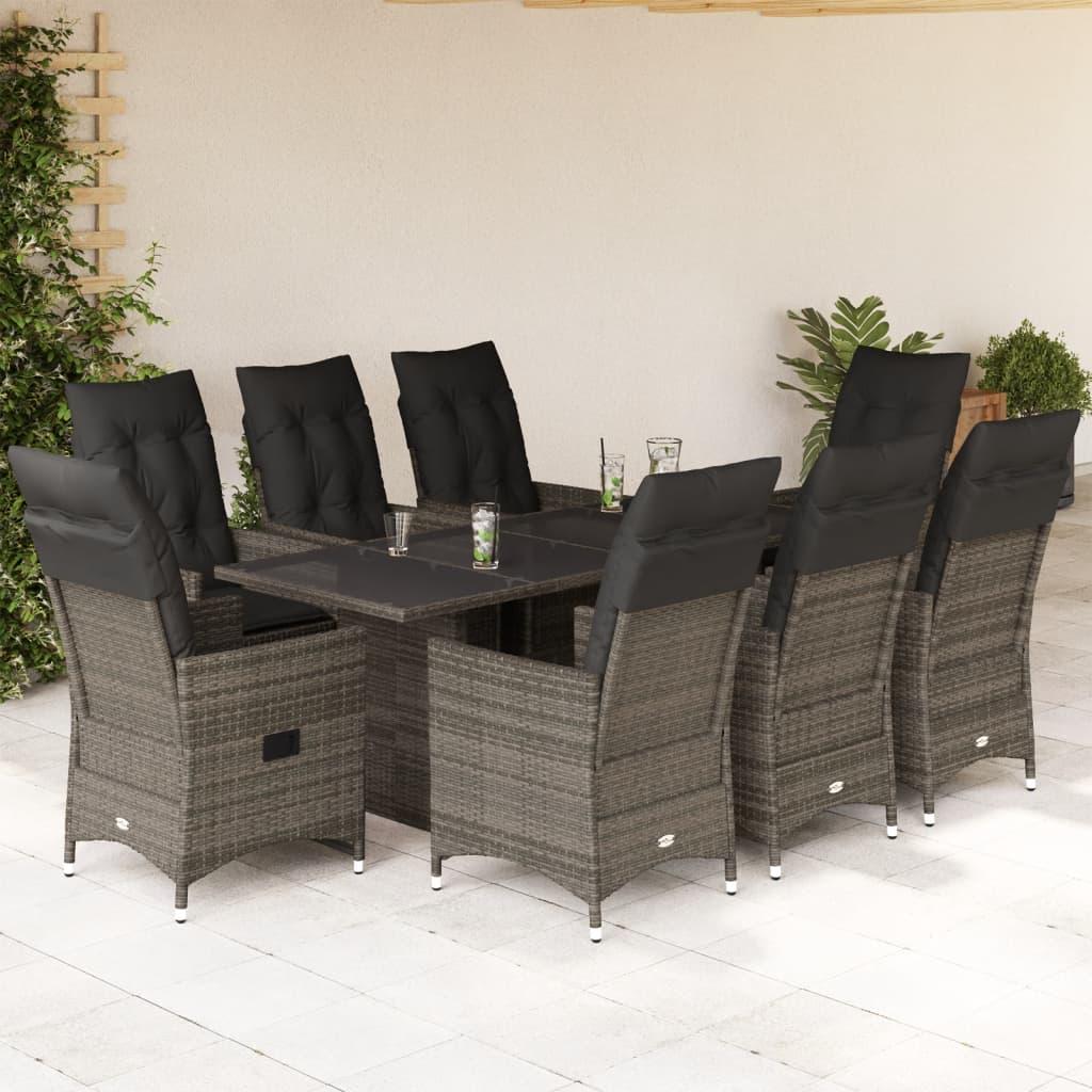 9 Piece Garden Dining Set with Cushions Grey Poly Rattan