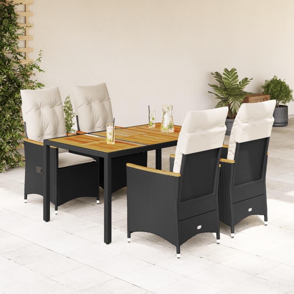 5 Piece Garden Dining Set with Cushions Black Poly Rattan