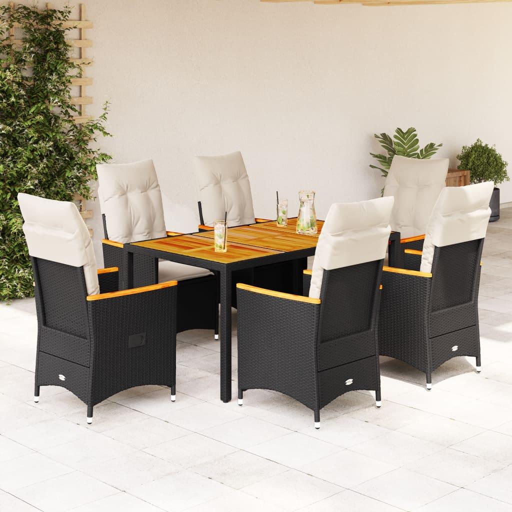 7 Piece Garden Dining Set with Cushions Black Poly Rattan