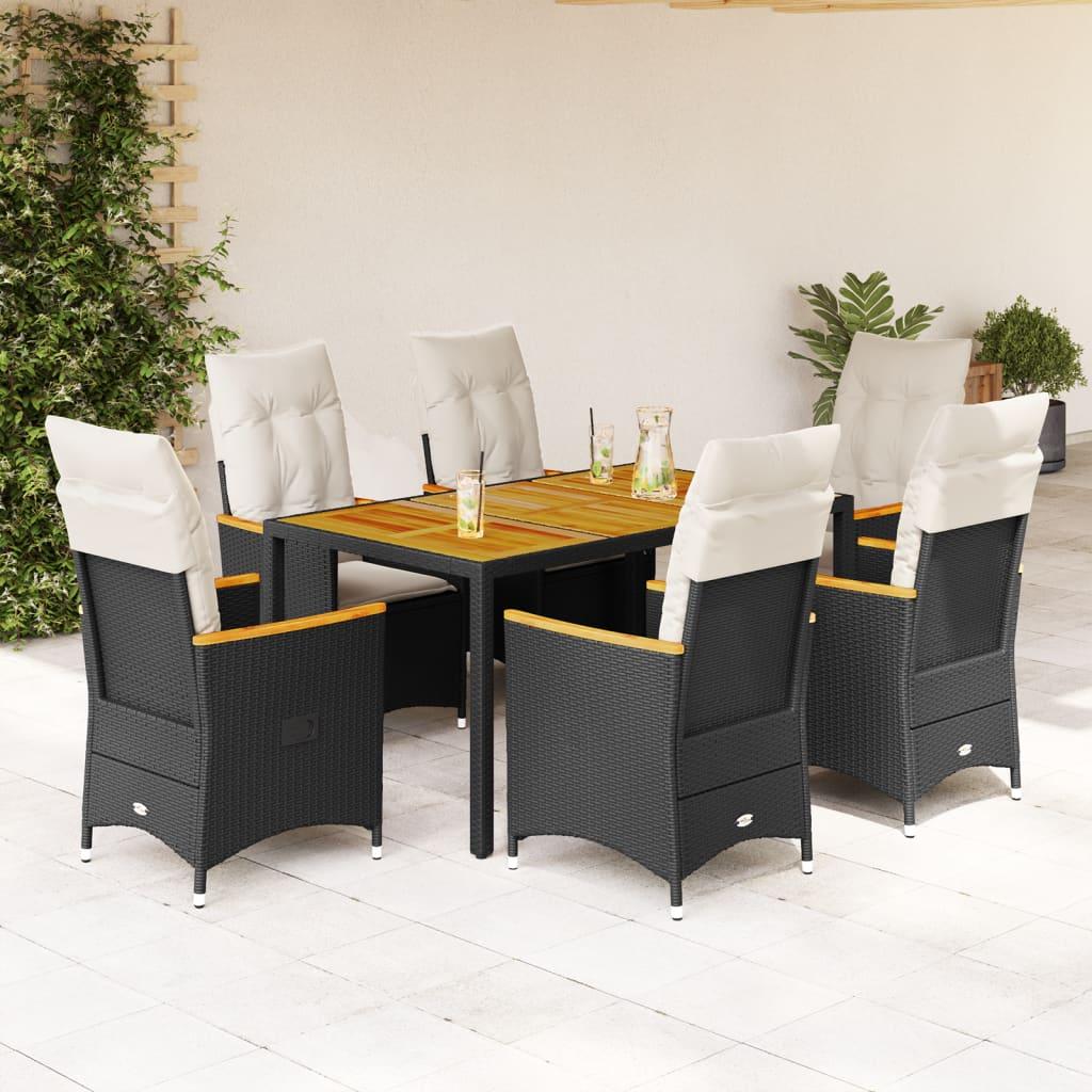 7 Piece Garden Dining Set with Cushions Black Poly Rattan