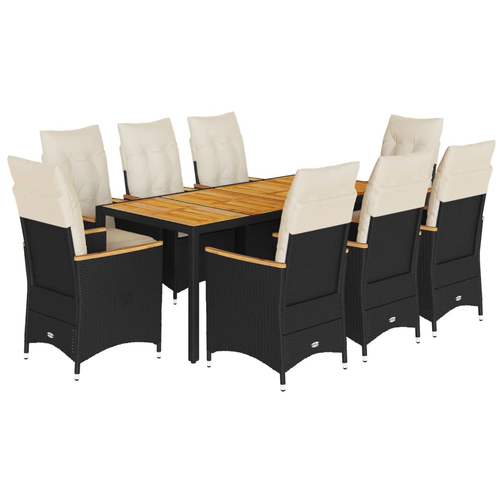 9 Piece Garden Dining Set with Cushions Black Poly Rattan