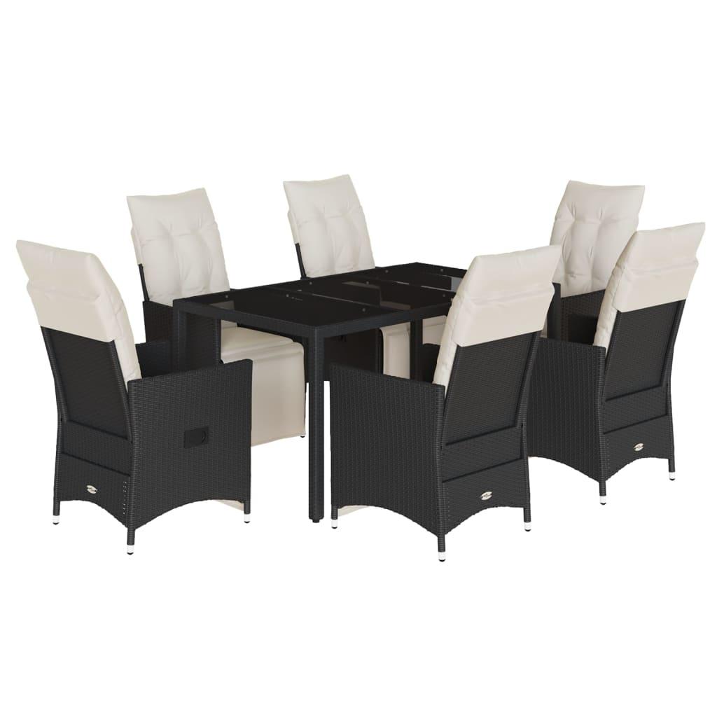 7 Piece Garden Dining Set with Cushions Black Poly Rattan