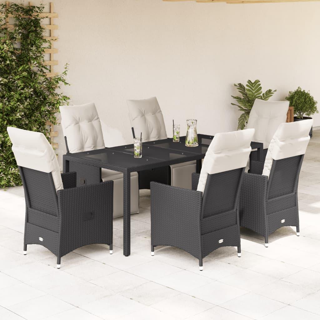 7 Piece Garden Dining Set with Cushions Black Poly Rattan