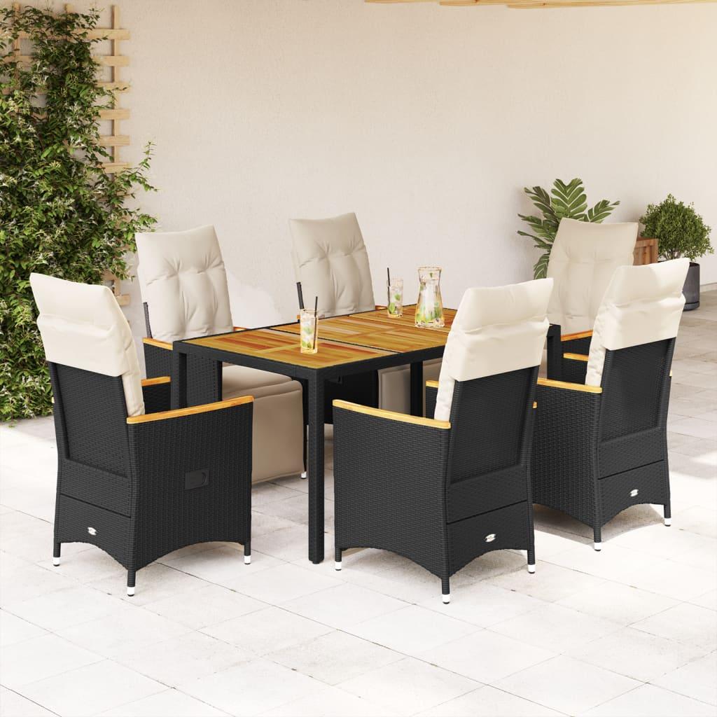 7 Piece Garden Bistro Set with Cushions Black Poly Rattan