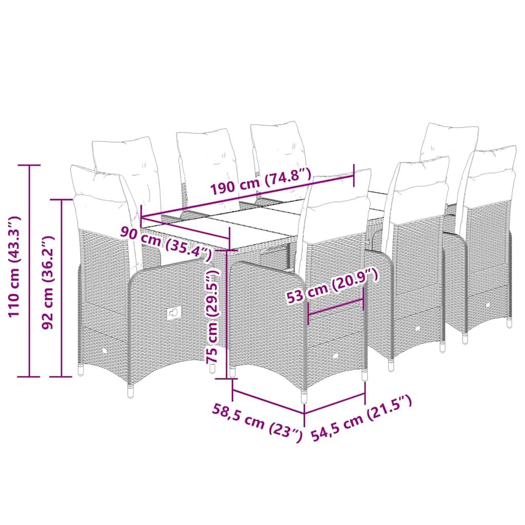 9 Piece Garden Bistro Set with Cushions Grey Poly Rattan