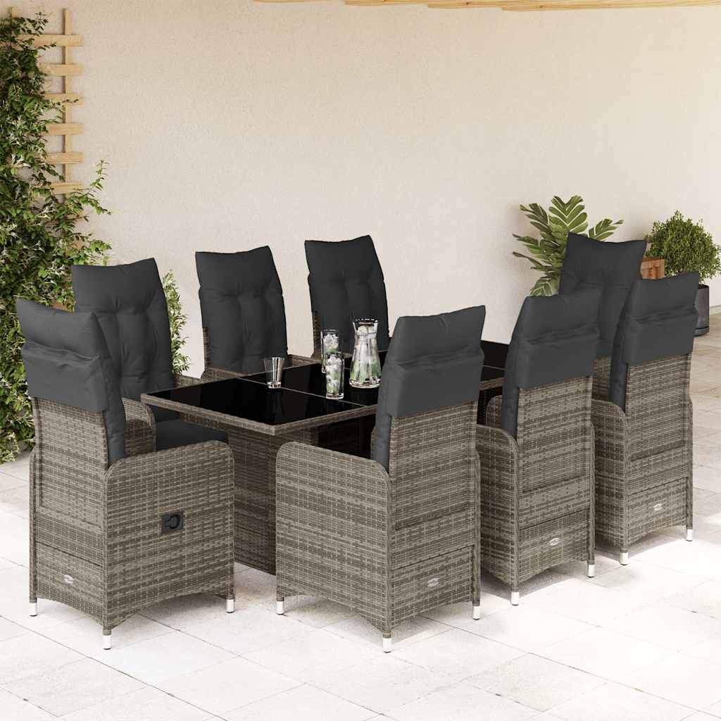 9 Piece Garden Bistro Set with Cushions Grey Poly Rattan